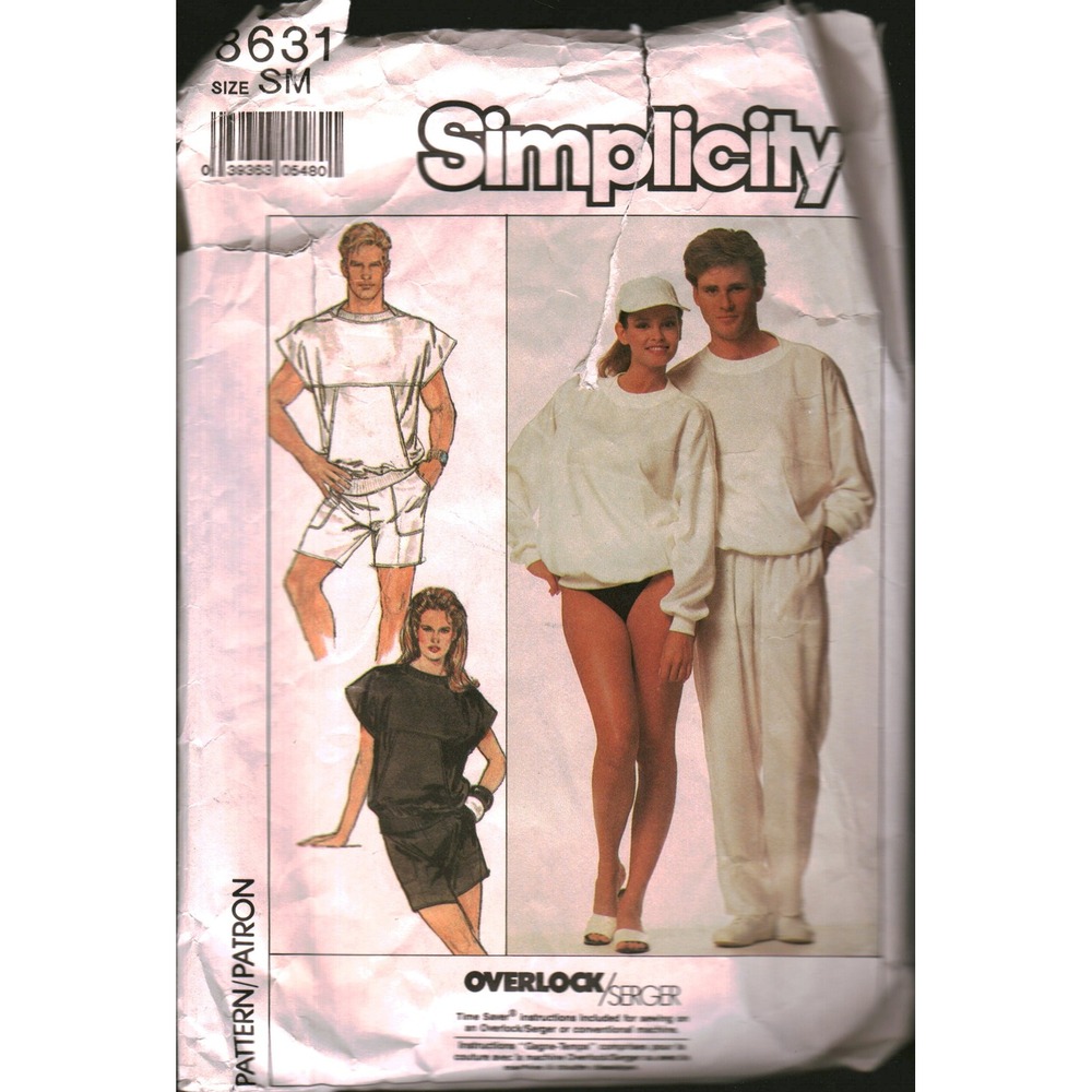 Vintage Simplicity 8631 Sewing Pattern 80s Men Women Top Pants Shorts Size Small